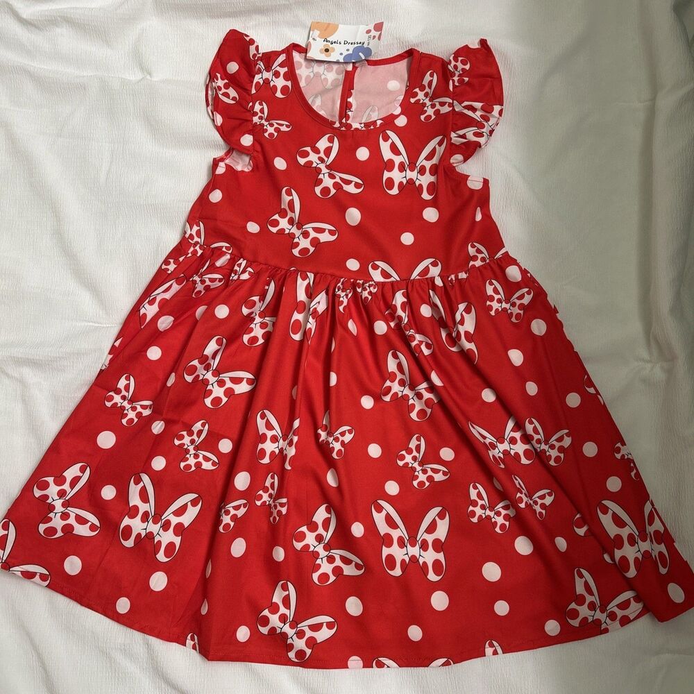 Kid Red Minnie Mouse Polka Dot Dress Flutter Sleeve Ruffle Skirt Disney Bound 3T